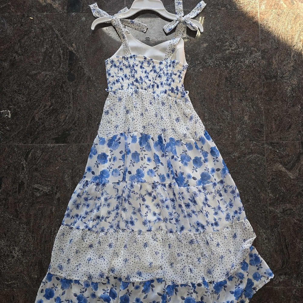 2 Speechless White and Blue Floral Tiered Sundress with Tie Straps